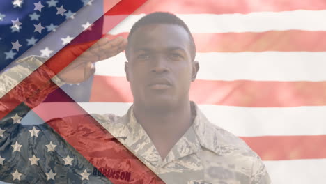 animation of a biracial man wearing military uniform, saluting over u.s. flag waving.