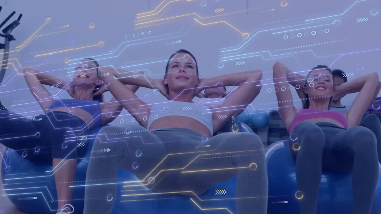 animación del procesamiento de datos sobre mujeres caucásicas que hacen ejercicio
