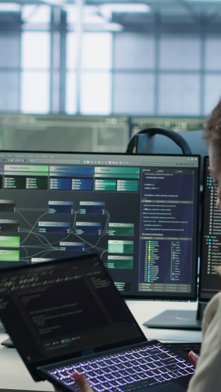 Programmerer jobber på bærbar datamaskin og flere skjermer på kontor.