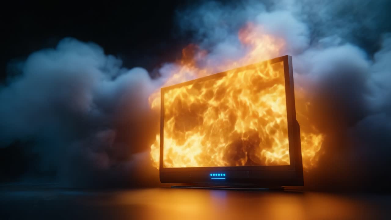 Et fjernsyn opslugt af flammer, der viser en dramatisk og intens scene med ild og røg, der strømmer ud fra skærmen, hvilket fanger seerens opmærksomhed og nysgerrighed