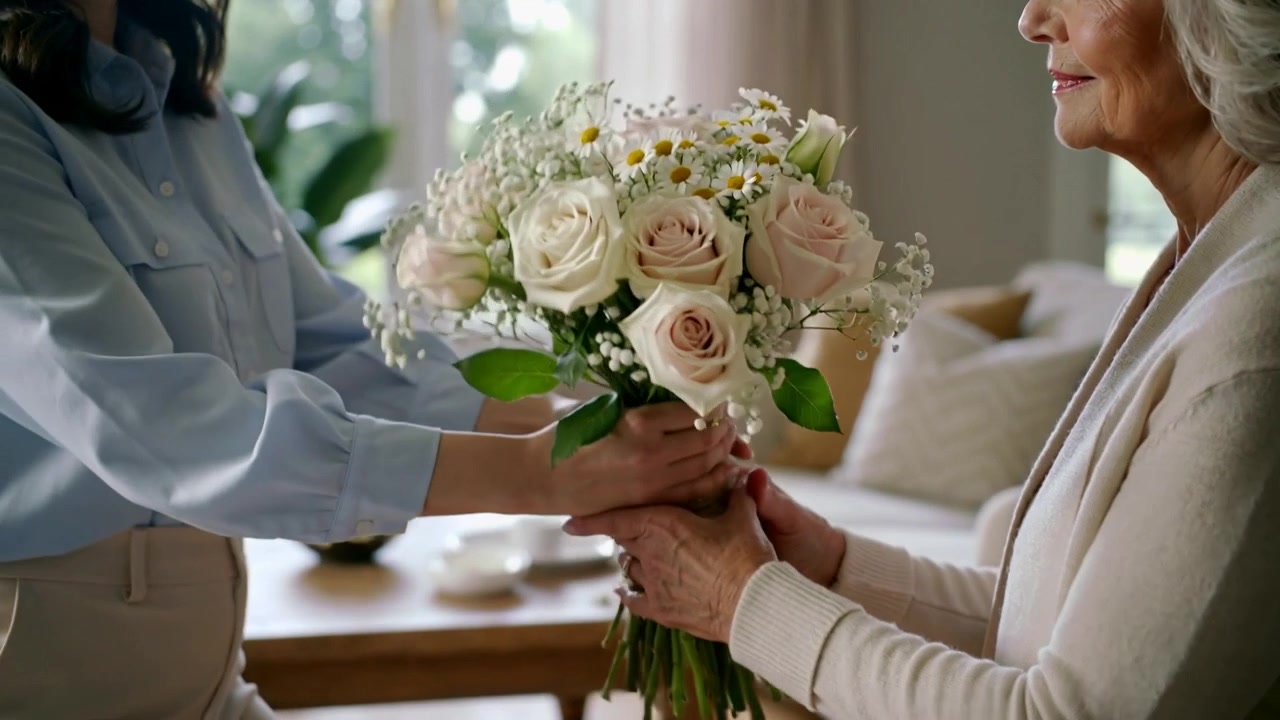 Una figlia adulta si avvicina presentando un bouquet a casa, porgendo i gambi alla madre seduta come regalo.