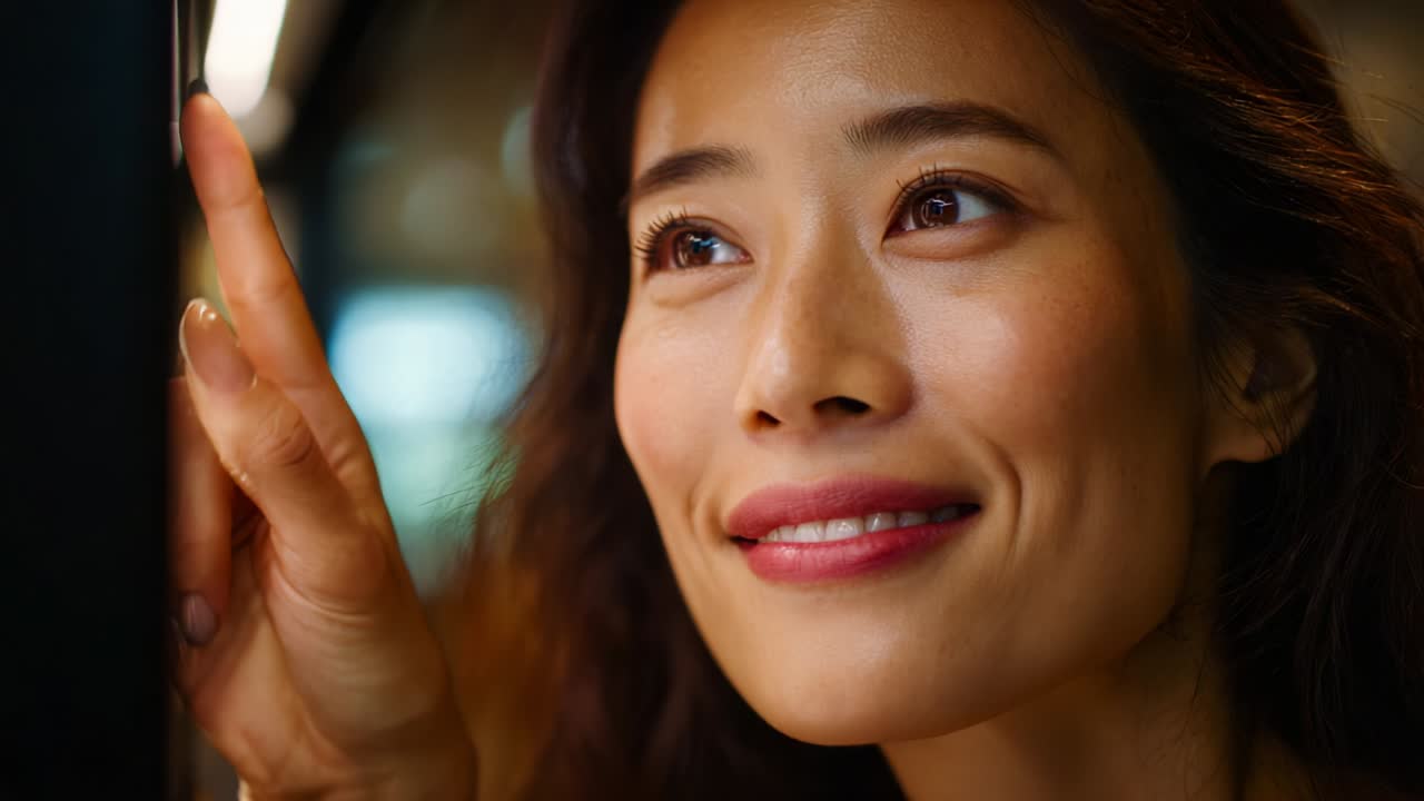 A close-up of a woman with a radiant smile and expressive eyes, showcasing her joy and curiosity as she gently touches a glowing surface, conveying an atmosphere of wonder and fascination