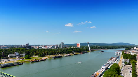 the lafranconi bridge over the danube river. ufo bridge in bratislava, slovakia from aerial view.