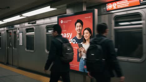 engaging advertising display at subway station capturing attention for easy crypto investment strategy with dynamic visuals and messaging