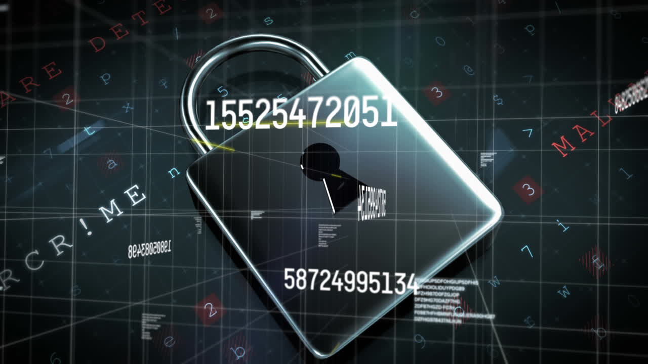 디지털 애니메이션은 동적 숫자와 락 아이콘으로 온라인 보안 개념을 보여줍니다.