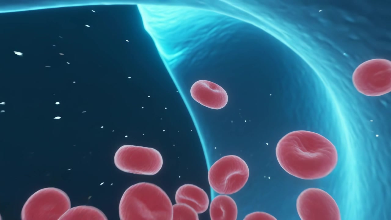 Camera pulling back, red blood cells forming, flowing through vessel for oxygen delivery, cyan wall