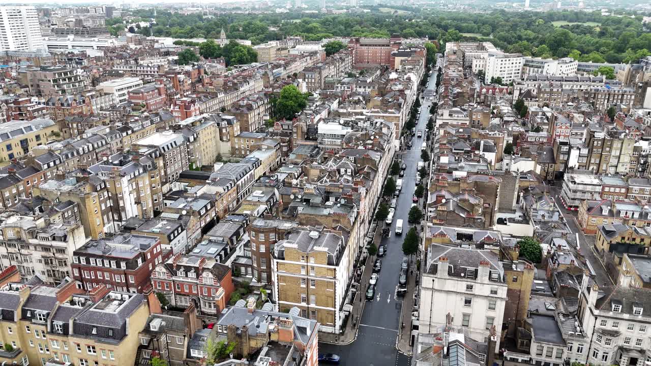Harley Street London UK drone,aerial push in shot