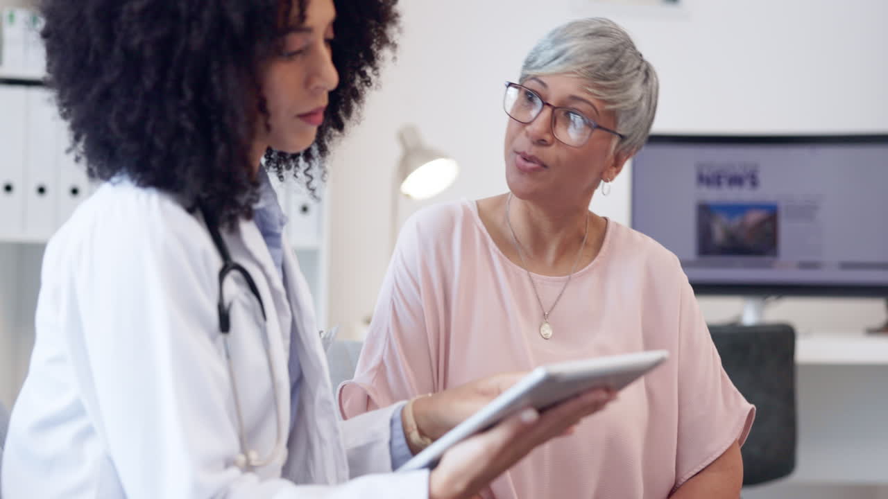 Healthcare, tablet and patient talking to doctor