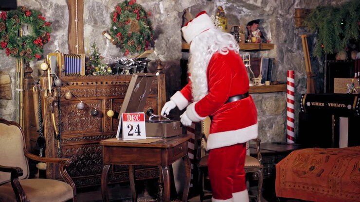 Santa Claus preparing for Christmas. View of Santa Claus listening music and waiting for Christmas