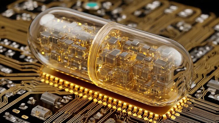 Un'intricata rappresentazione di un dispositivo futuristico incapsulato all'interno di una capsula trasparente, che mostra circuiti avanzati e un design luminoso su una scheda a circuito stampato placcata in oro
