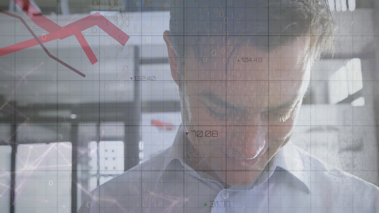 animación de procesamiento de datos estadísticos contra un hombre caucásico que usa un reloj inteligente en la oficina