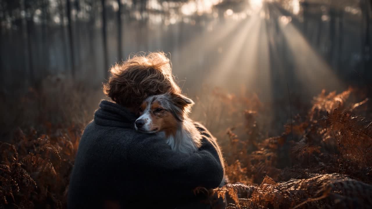 A Heartfelt Moment: Embracing the Bond Between a Person and Their Dog Amidst a Serene Forest Transformed by Soft Rays of Morning Light