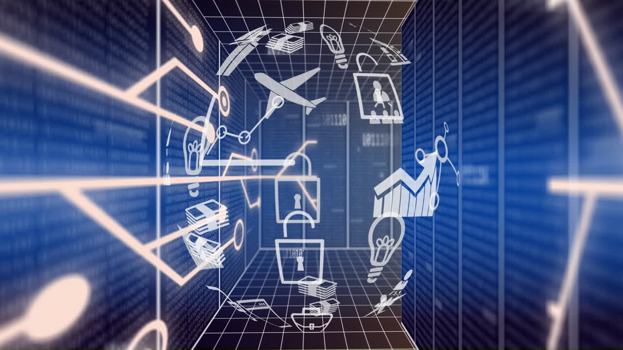 아이콘과 컴퓨터 서버를 통해 데이터 처리를 가진 지구상의 애니메이션