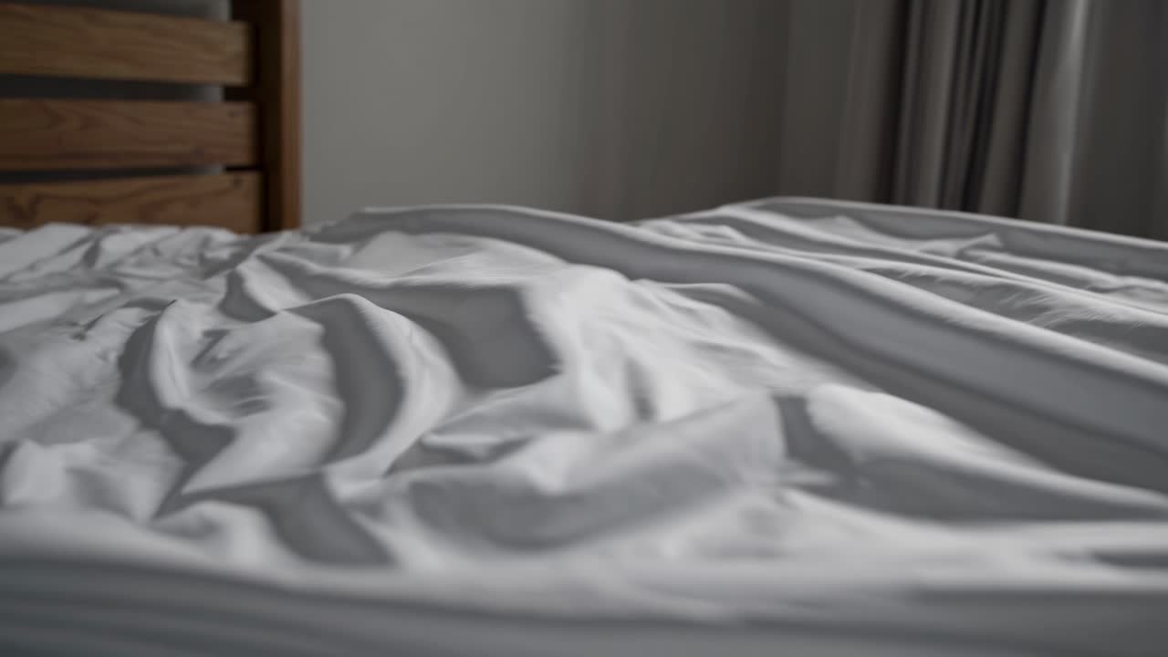 A close-up, low-angle shot of a rumpled white bed sheet, capturing soft light through curtains