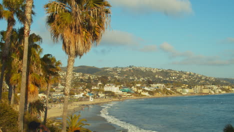 Palmeras-Con-Laguna-Beach-En-El-Fondo,-California