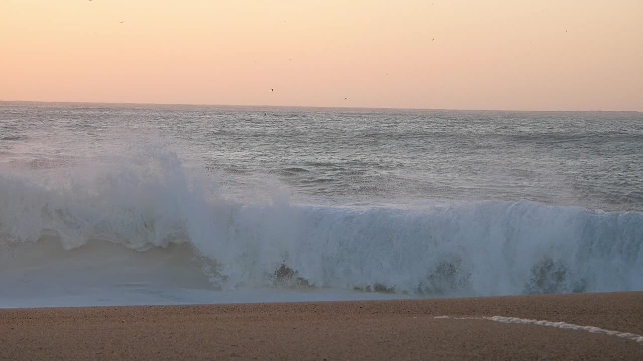 Beautiful beach at sunset. Stunning horizon with golden orange light on sky and birds flying on distance. White foam rich medium waves crashing by beachfront and nice sand flat slope. Idyllic.