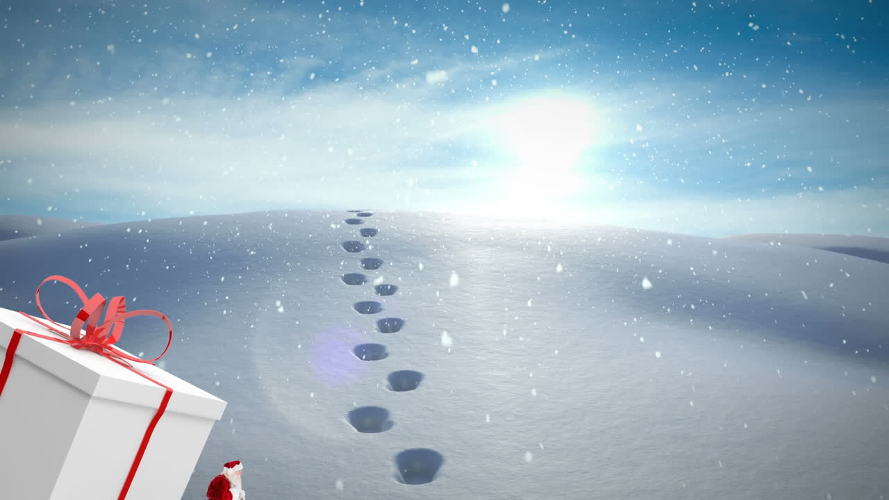 산타클로스가 거대한 크리스마스 선물과 겨울 풍경에 내리는 눈을 들고 있는 애니메이션