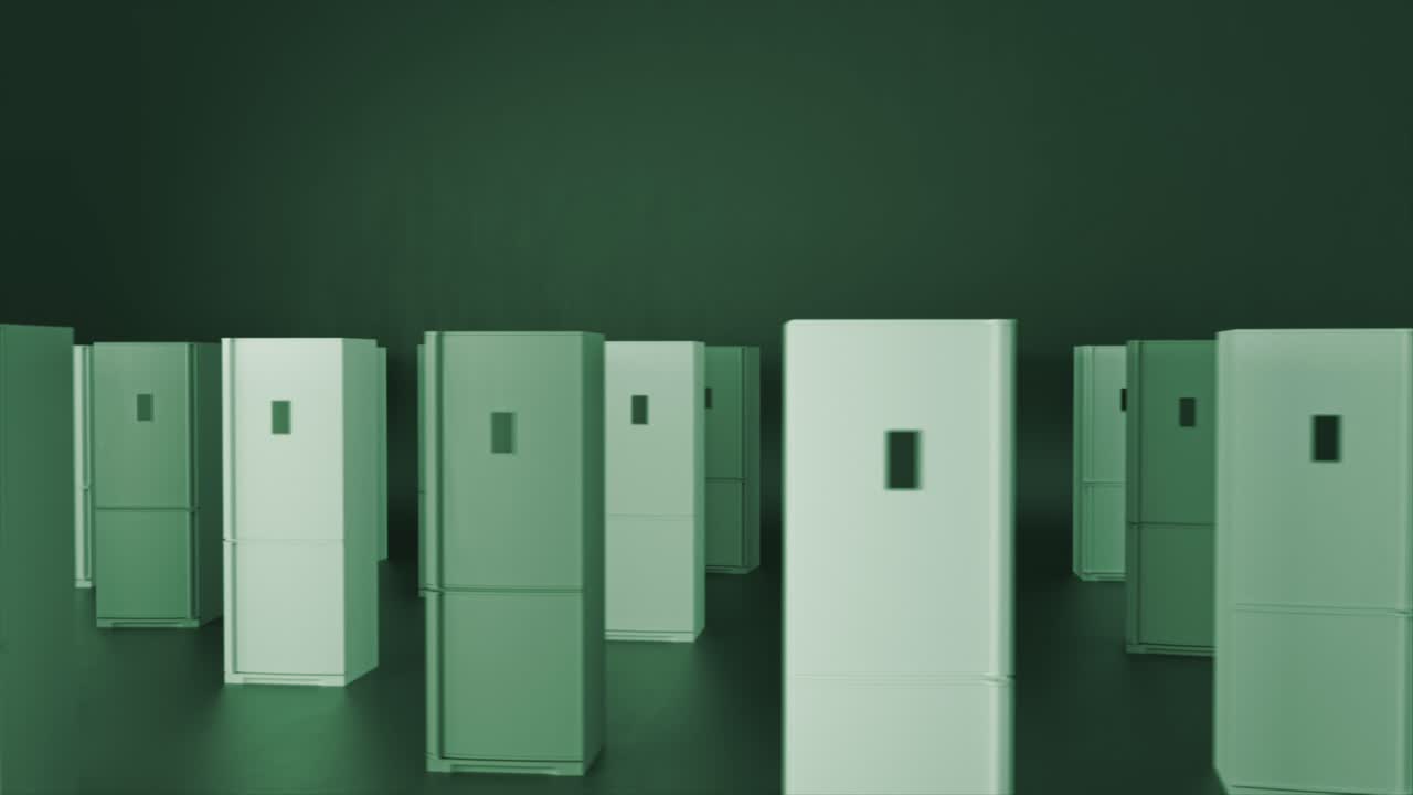 초록색 방 에 있는 많은 색 냉장고