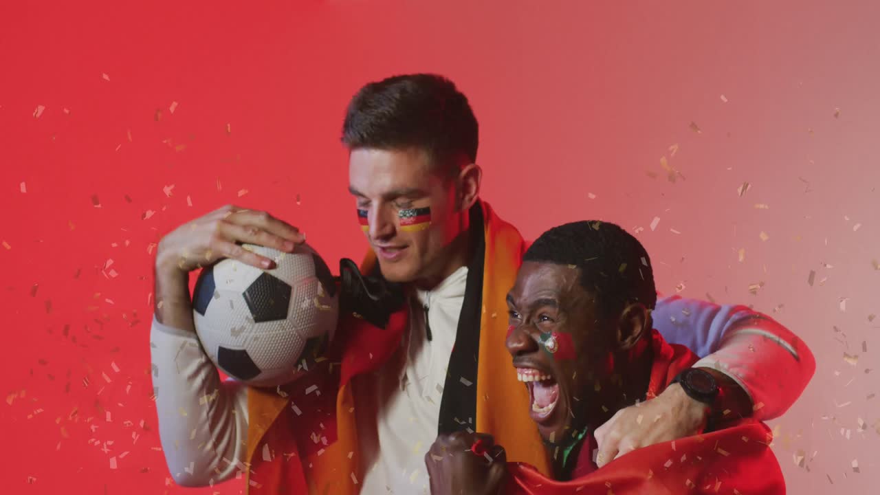 animación de confeti sobre diversos futbolistas celebrando con banderas de alemania y portugal