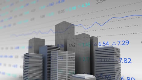 digital animation of stock market data processing over 3d building model against grey background