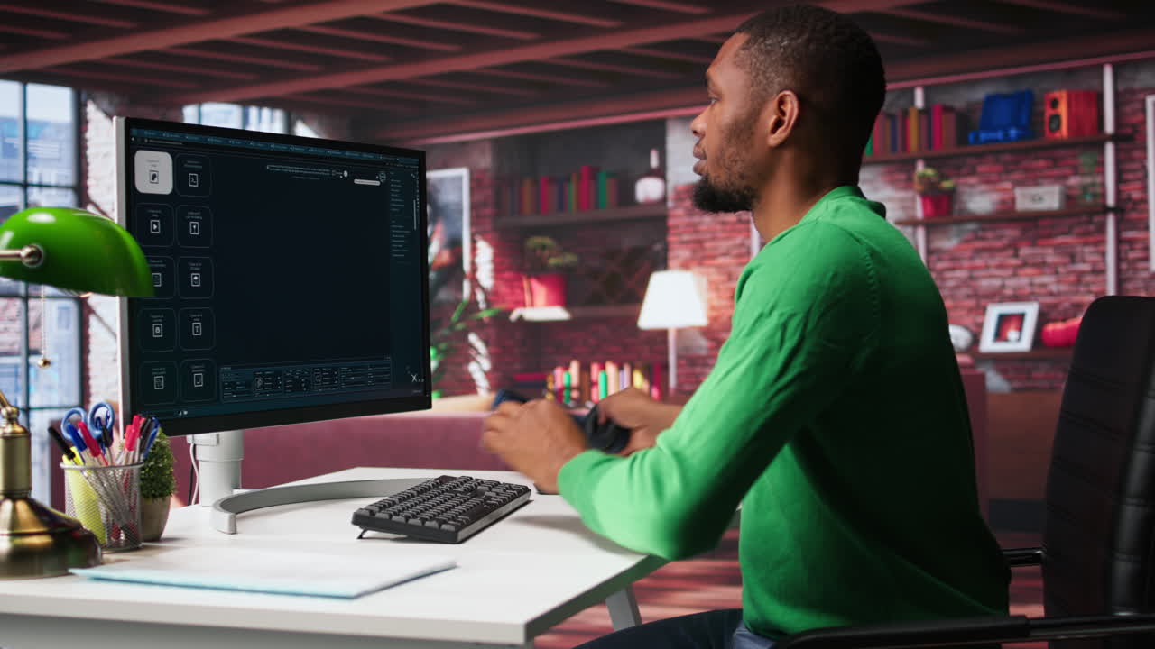 Vertical Video Black guy using text to image AI chat software at his modern loft