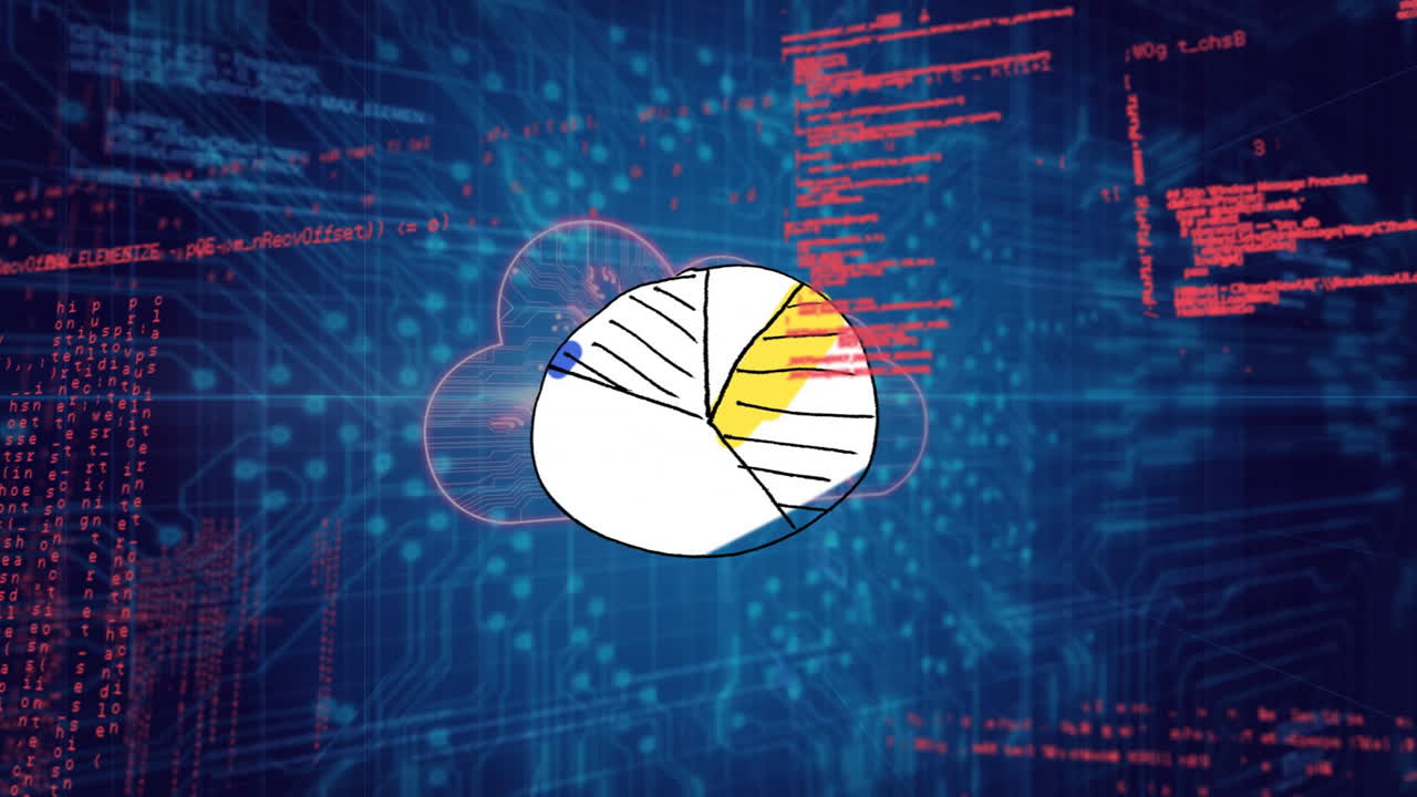 Pie chart animation over digital data and code on blue background