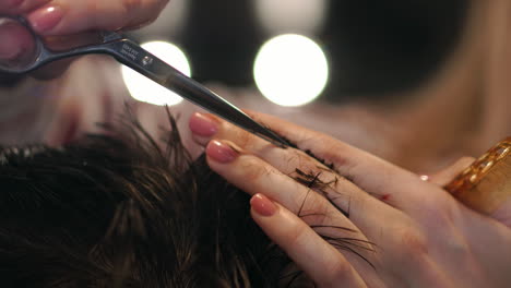 barber cuts the hair in the barbershop. slow motion. close up