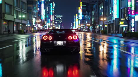 night view of a sports car on a rainy street in a japanese city