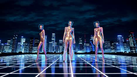 cyberpunk fashion models in futuristic cityscape