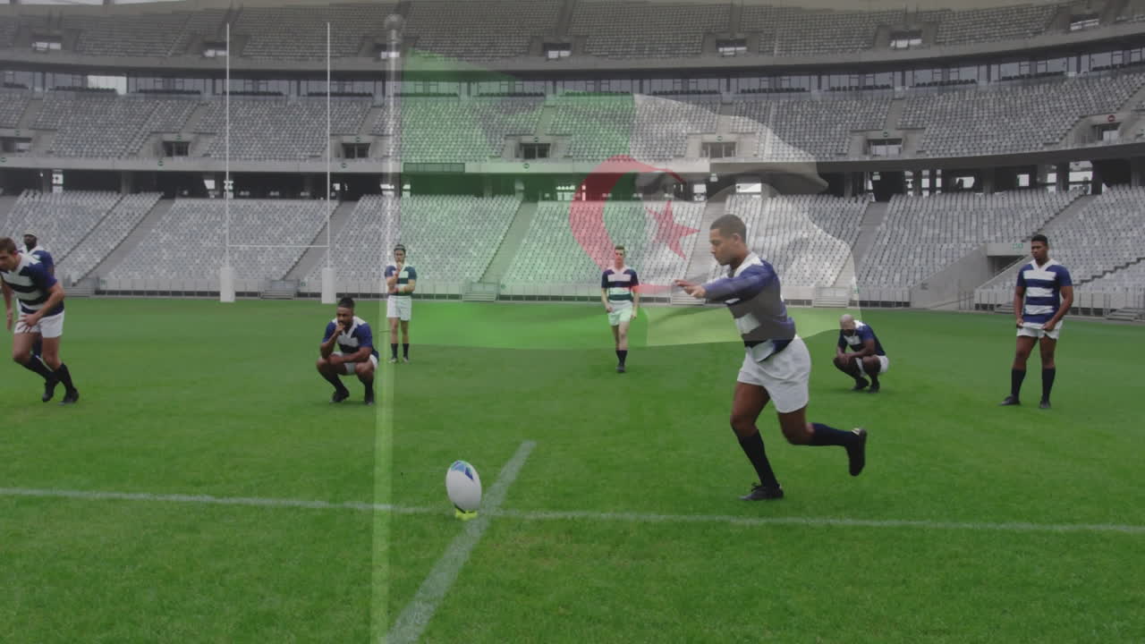 On field, rugby players with animation graphics overlaying stadium background