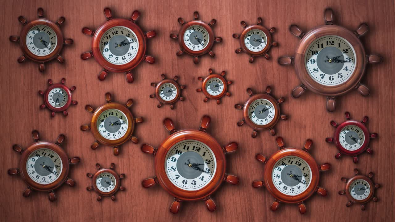 Many clocks in the shape of a ship's helm