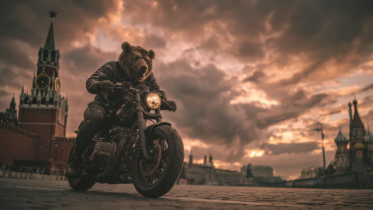 Urban biker at dusk motorcycle rider passing clock tower in the city