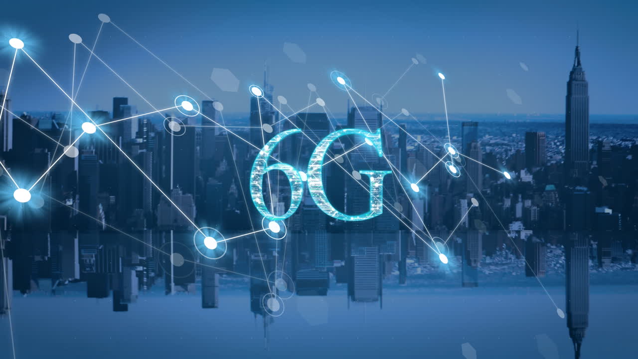 6g 텍스트, 도시 풍경 및 연결의 애니메이션