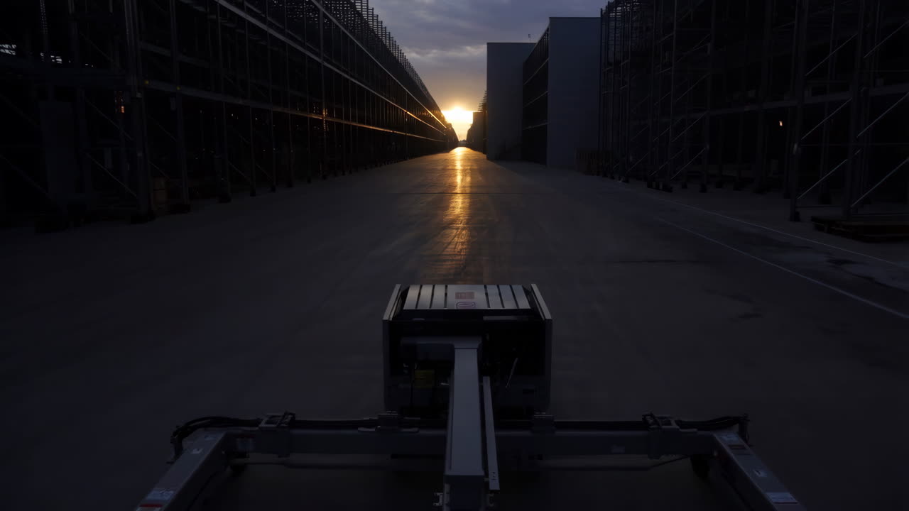 Automated Vehicle in a Warehouse Aisle at Sunset