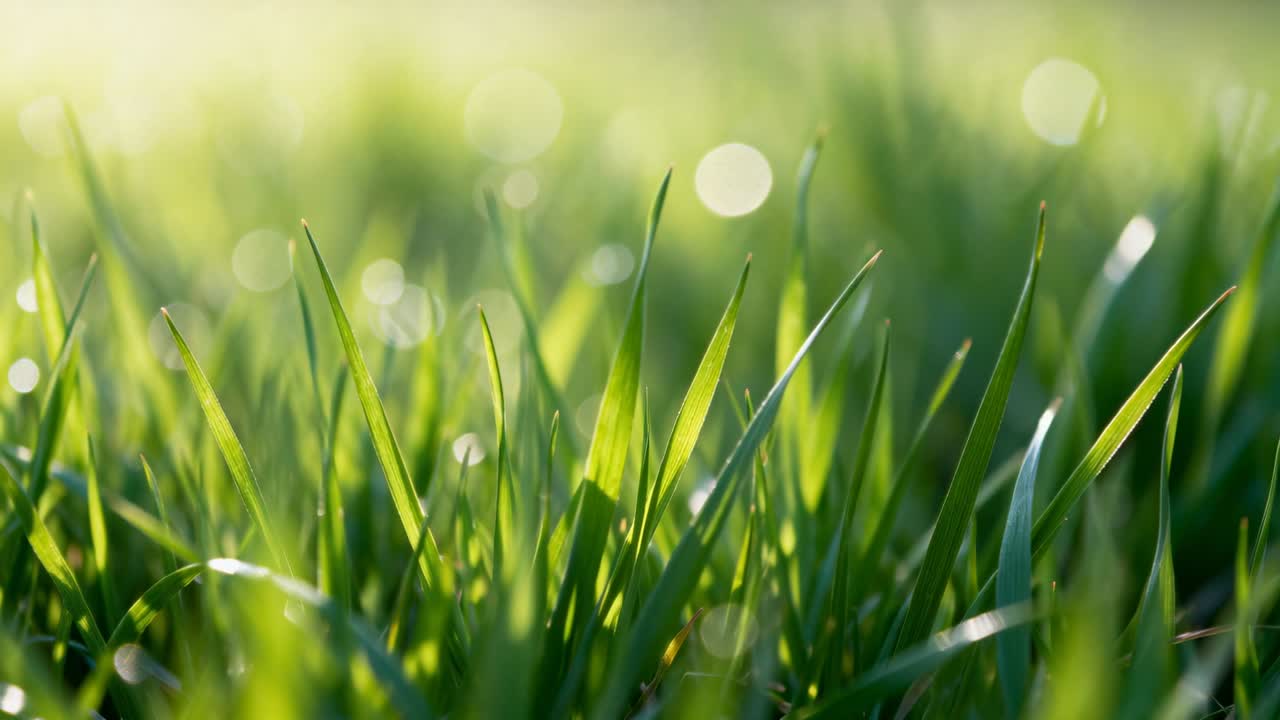 Fili d'erba verde che si muovono e ondeggiano con la brezza mattutina a livello del suolo, mostrando bokeh di rugiada.