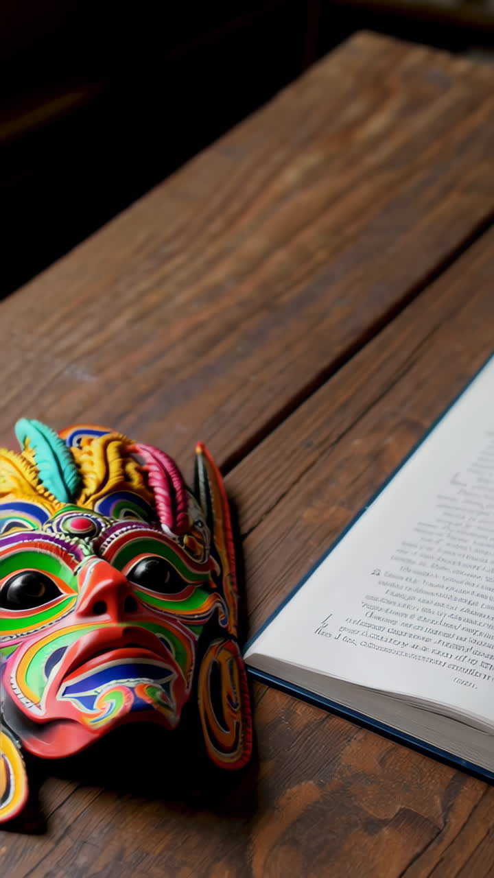 Open Book and Colorful Mask on Wooden Table