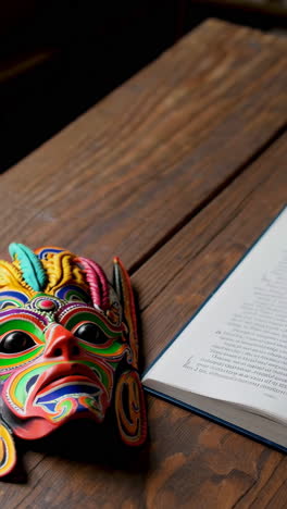 open book and colorful mask on wooden table