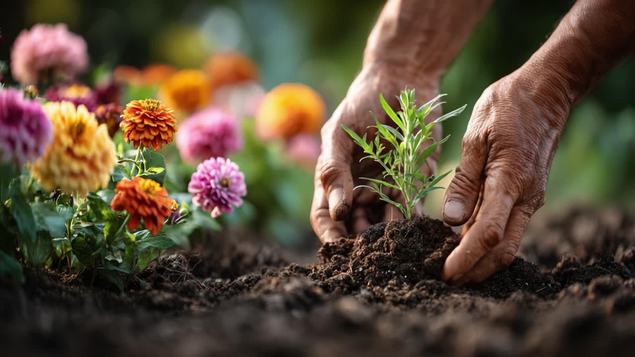 Sanfte Hände pflanzen einen jungen Setzling inmitten leuchtender Blumen, was die Schönheit des Gärtnerns und die pflegende Verbindung zur Natur zeigt