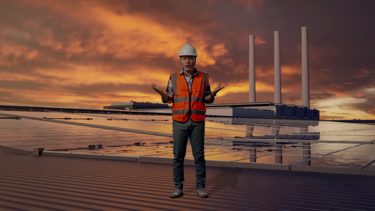 Ganzkörperansicht eines fragenden asiatischen Ingenieurs mit Schutzhelm, der zweifelnd seine Arbeit hinterfragt, während er bei Sonnenuntergang Solarmodule auf dem Dach inspiziert.