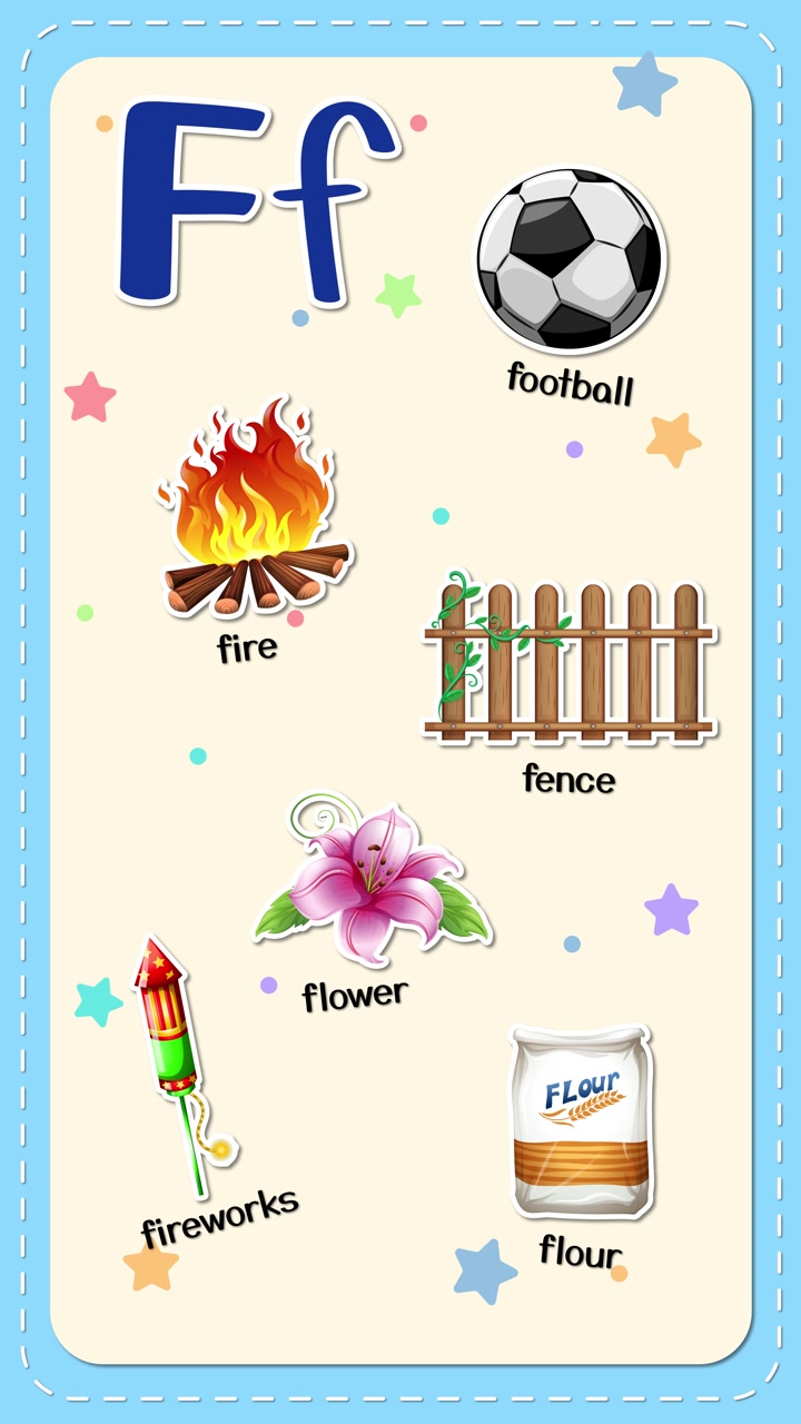 Una flashcard verticale animata mostra la lettera F accanto a fuoco, fuochi d'artificio, farina, fiore, pallone da calcio e recinzione.