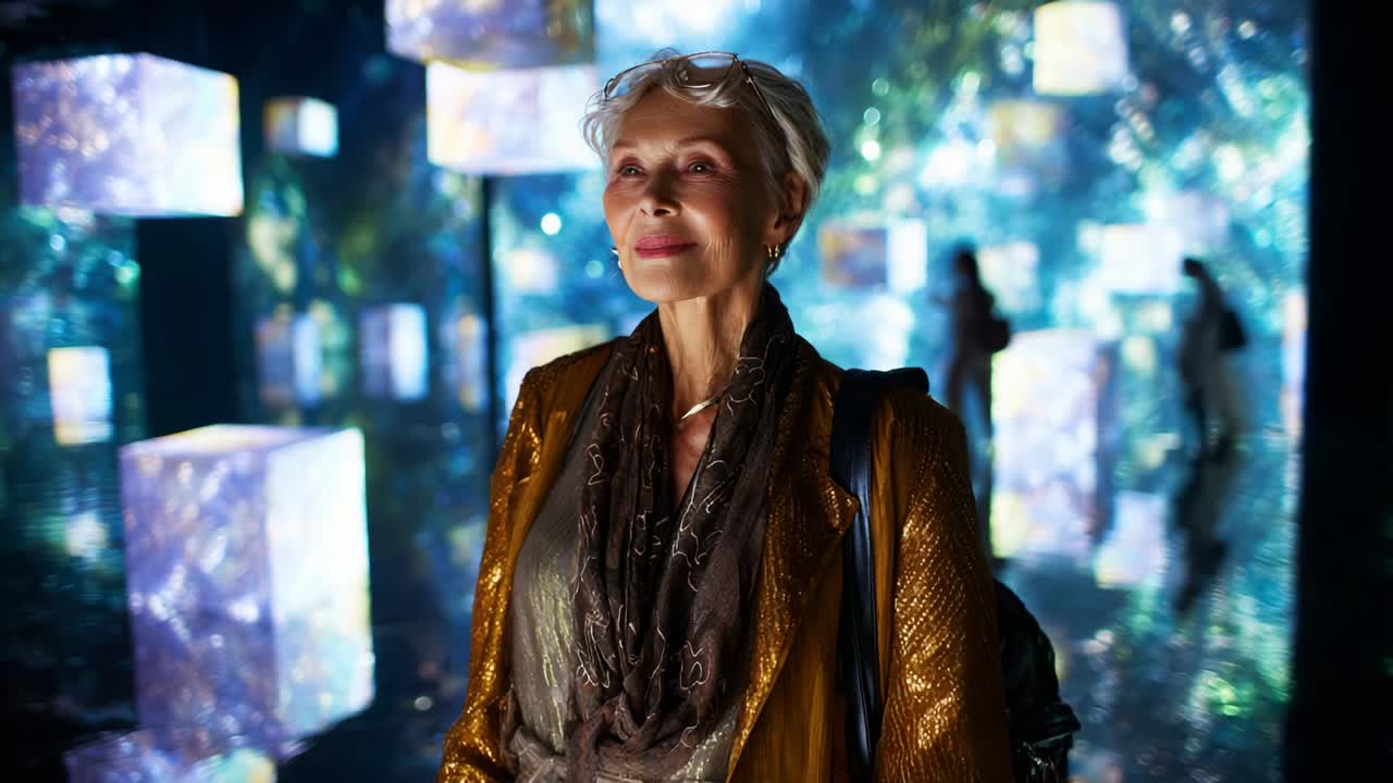 A Woman in a Stunning Golden Jacket Smiles Contentedly Amidst an Enchanting Art Installation of Shimmering Light and Colorful Cubes, Creating a Dreamlike Atmosphere of Reflection and Illumination