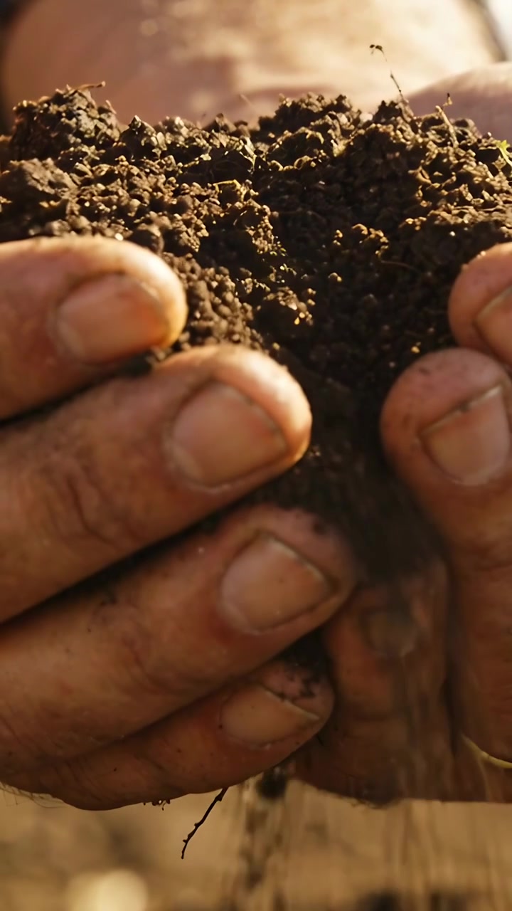 Video verticale: Mani di uomo a torso nudo che raccolgono in un campo, setacciando terra scura tra le unghie per testare il terreno.