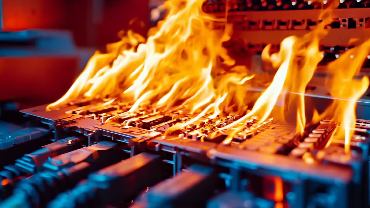 공장에서 불타는 전기 장비의 어리