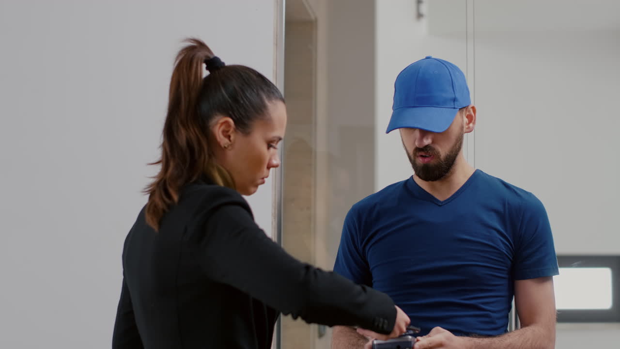 gerente ejecutivo orden de compra caja de comida para llevar transacción de pago con teléfono inteligente