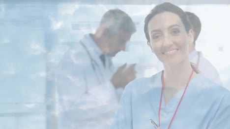 Animation-of-female-doctor-looking-at-camera-and-working-together-with-clouds-moving