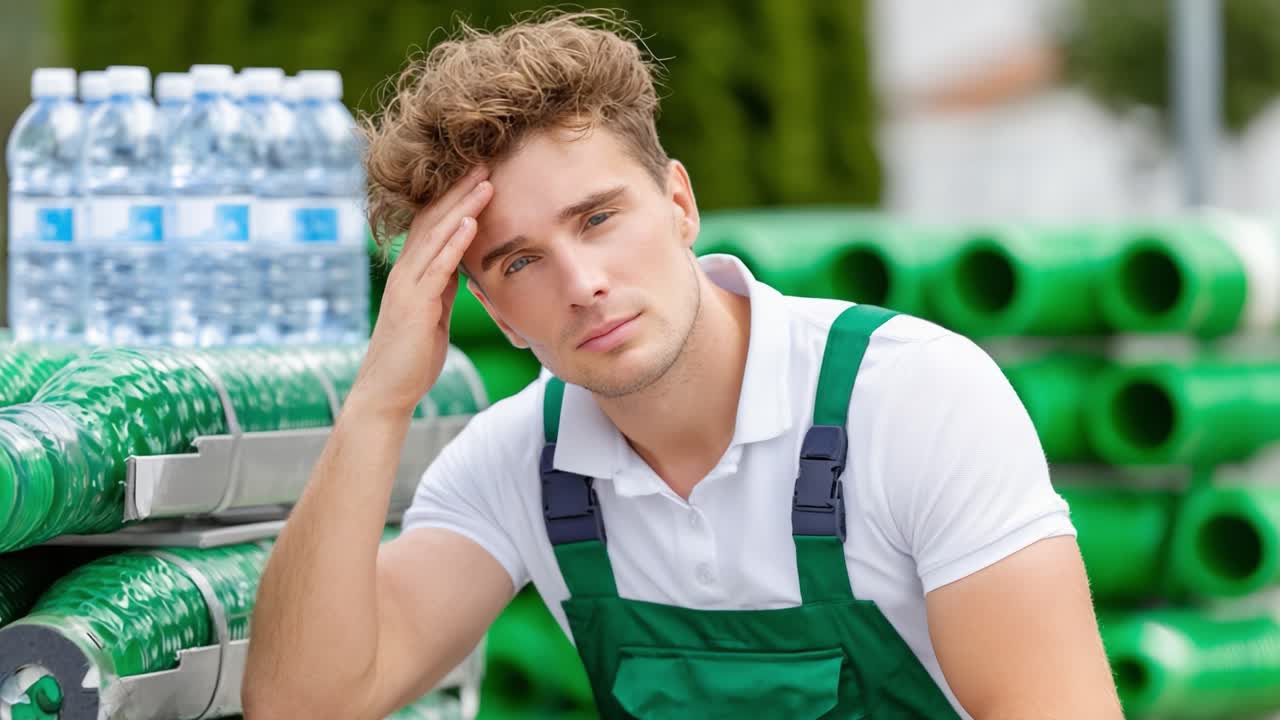 A Young Worker in Overalls Expressing Concern Amidst Stacks of Bottles and Equipment, Highlighting the Challenges Faced in the Workplace Environment