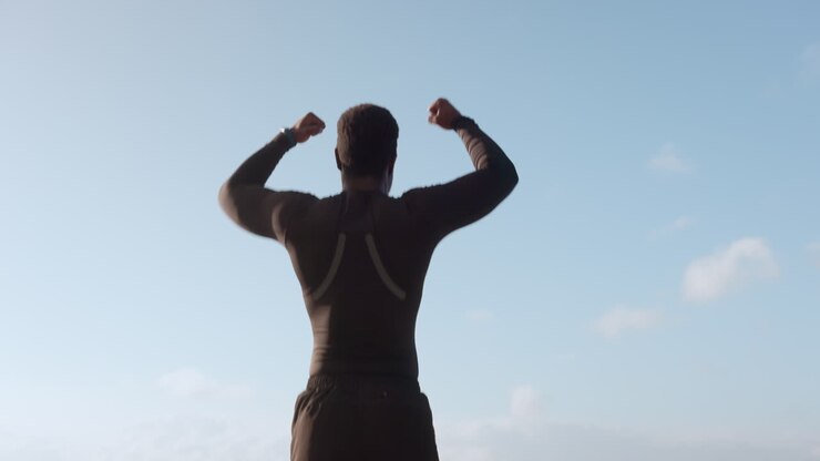 Man, fitness and fist pump on mockup
