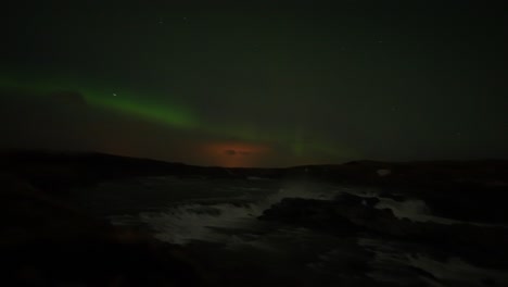 Panoramic-Night-View-Of-Aurora-Borealis-Illuminating-The-Sky-Over-Urridafoss-Waterfall-In-Southwest-Iceland