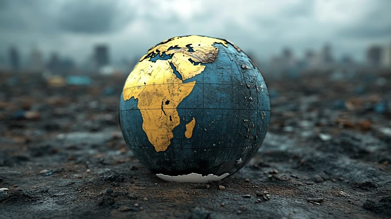 Globus des Niedergangs der Erde. Ein abgenutzter Globus ruht auf einer verschmutzten Landschaft und spiegelt Sorgen um die Umwelt und städtischen Abfall wider.