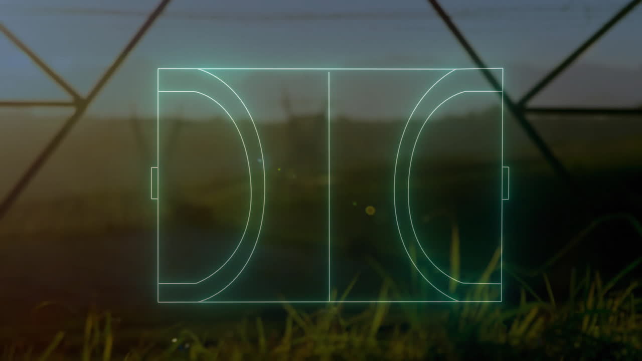 Neon green digital schematic overlaying blurred field, featuring glowing semicircular goal outlines